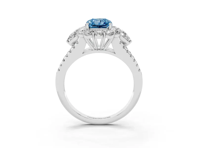 Fancy Blue Radiant Cut Diamond Halo Split Shank Engagement Ring Set in White gold with Prong-Held Center Stone