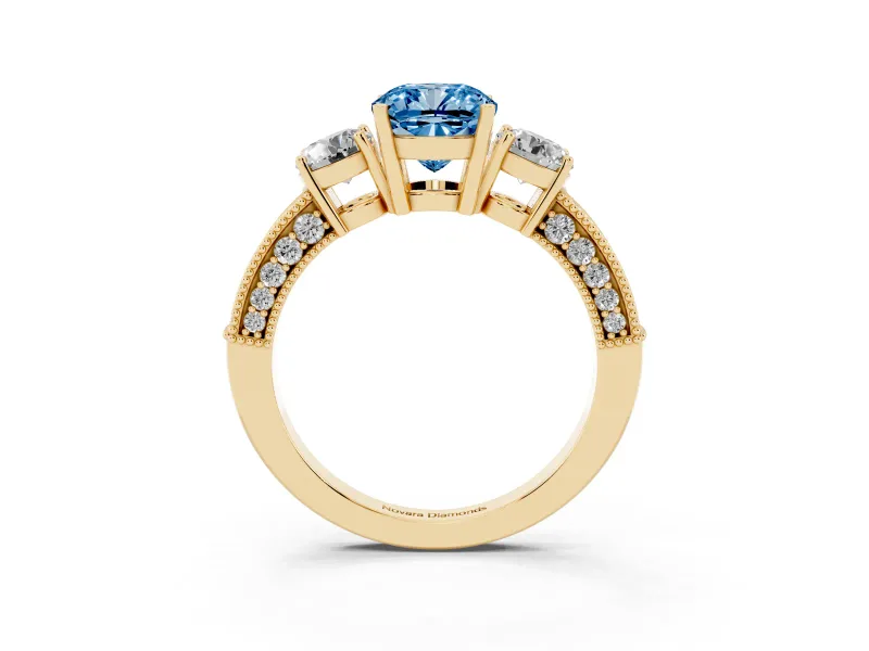 Cushion Cut Three Stone Engagement Ring Setting for a Fancy Blue Lab-Grown Diamond | Graduated Pave Band | Yellow Gold