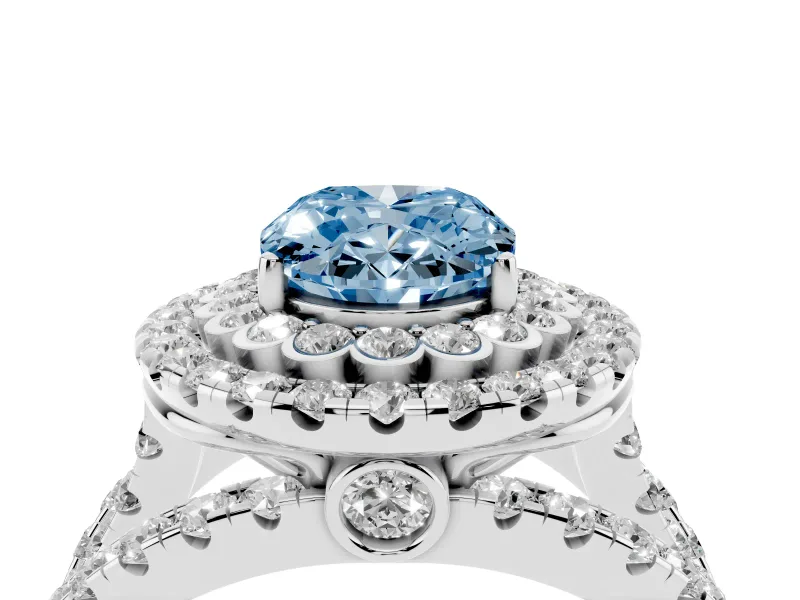 Oval Double Halo Split Shank Engagement Ring Setting for a Fancy Blue Lab-Grown Diamond | Pave Strands | Platinum