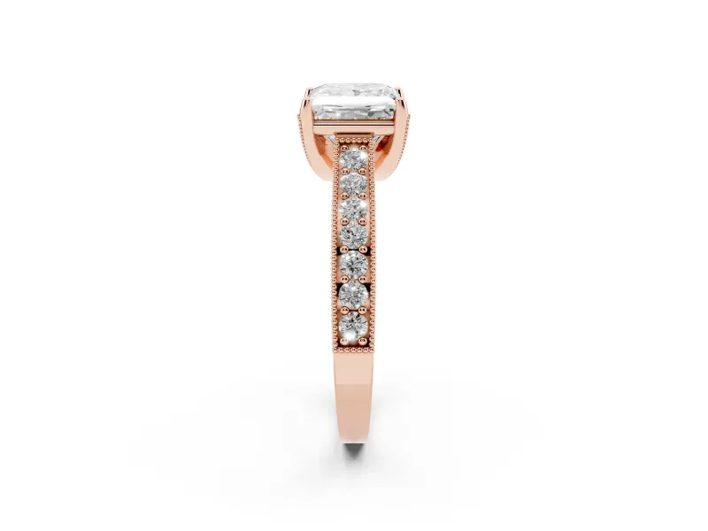 Princess Cut Vintage Hidden Halo Engagement Ring Setting | Milgrain Pave Band | Rose Gold