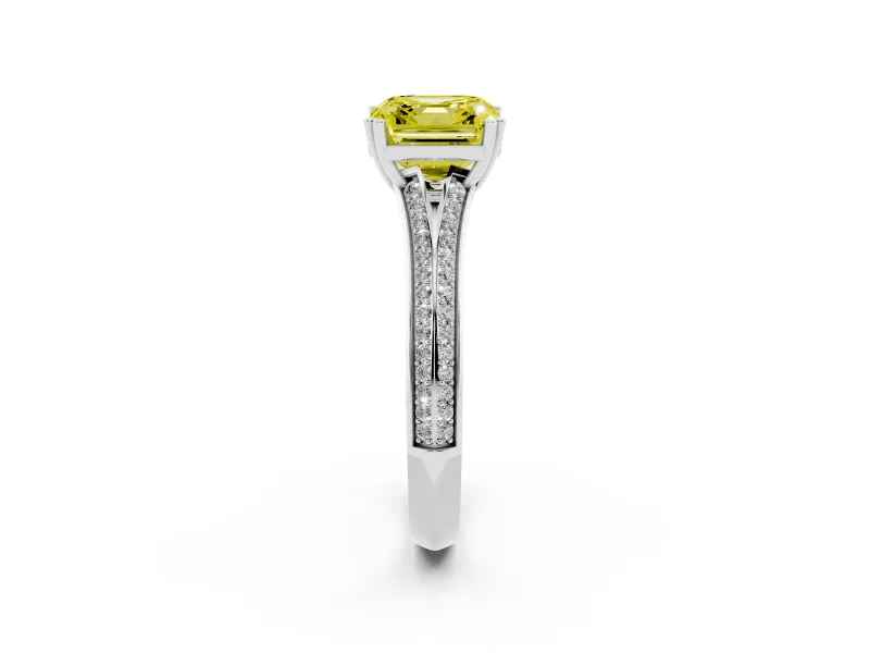 Asscher Cut Split Shank Engagement Ring Setting for a Fancy Yellow Lab-Grown Diamond | Pave Band | Sterling Silver