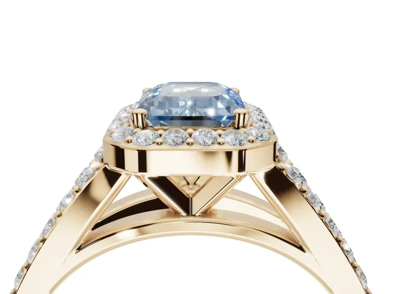 Emerald Cut Halo Pavé Engagement Ring Setting for a Fancy Blue Lab-Grown Diamond | Narrow Split Shank | Yellow Gold