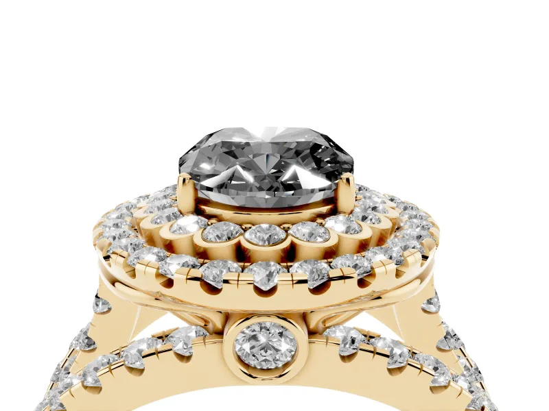 Oval Double Halo Split Shank Engagement Ring Setting for a Black Center | Pavé Strands | Yellow Gold