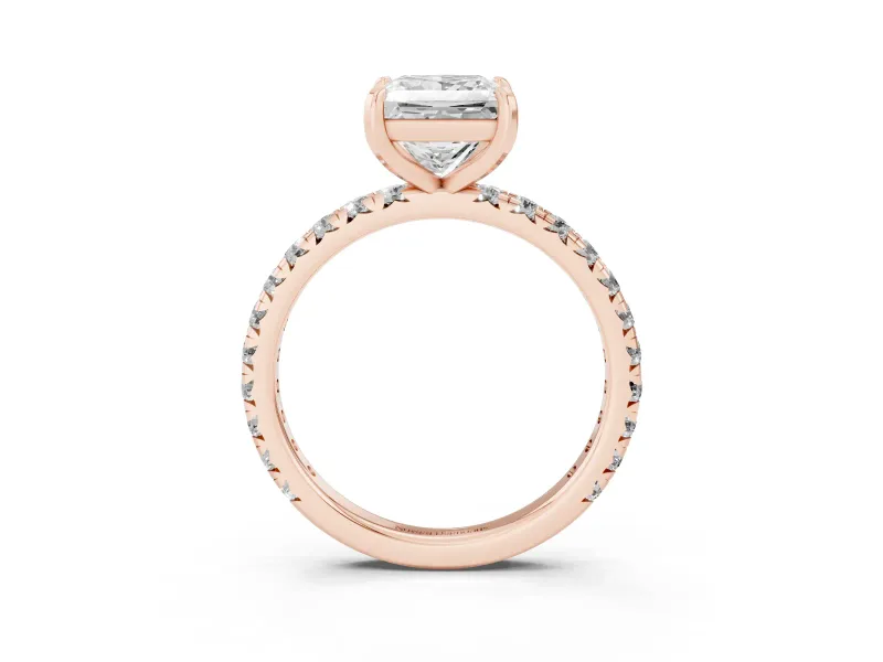 Princess Cut Diamond Pavé Solitaire Ring Set in Rose gold with Round Band and Prong Setting