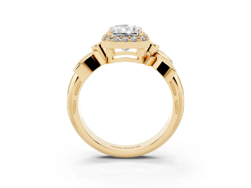 Radiant Cut Floral Halo Engagement Ring Setting | Leaf Shoulders | Yellow Gold