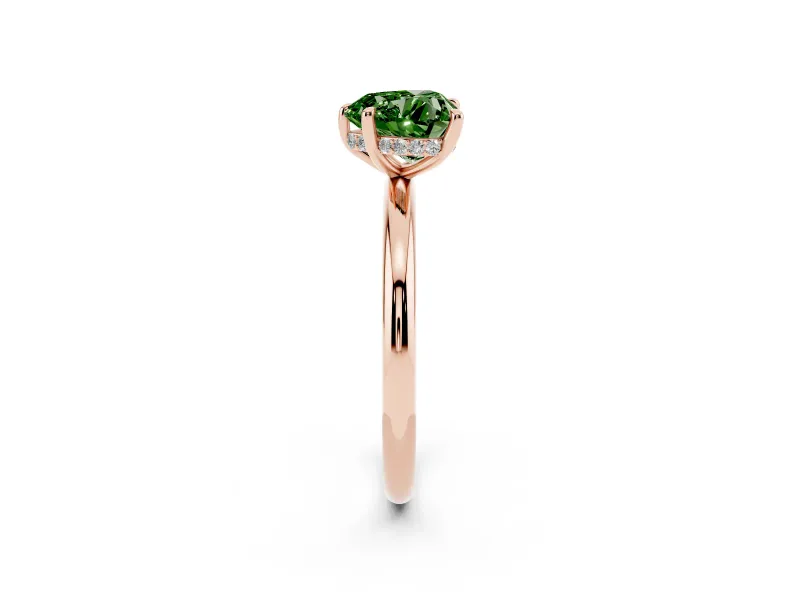 Fancy Green Heart Cut Diamond Solitaire Ring Set in Rose gold with Thin Band and Prong Setting