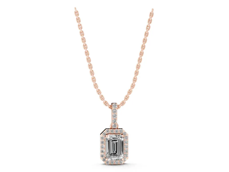 Emerald Cut Diamond Halo Pendant Set in Rose gold with Prong-Set Center