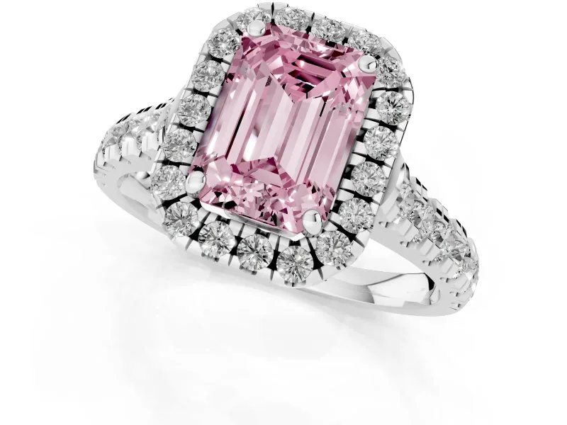 Emerald Cut Halo Engagement Ring Setting for a Fancy Pink Lab-Grown Diamond | Shared Prong Shoulders | Sterling Silver