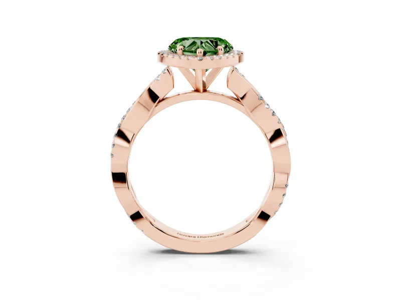 Fancy Green Heart Cut Diamond Halo Twisted Band Ring Set in Rose gold with Prong Setting