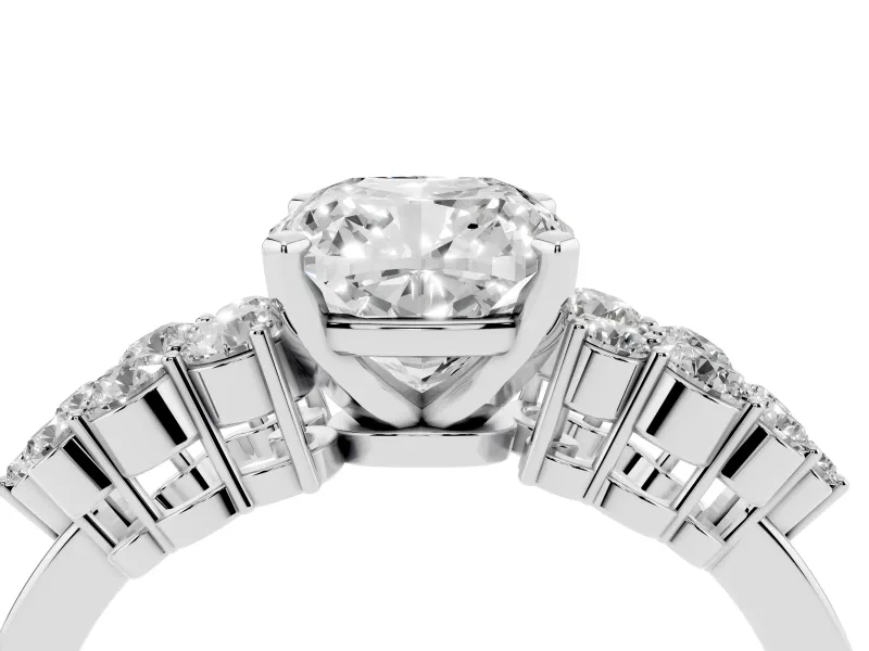 Cushion Cut Diamond Cluster Engagement Ring Set in White gold with Pavé Band and Prong Setting