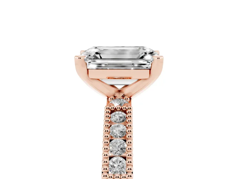 Emerald Cut Vintage Pavé Solitaire Engagement Ring Setting | Milgrain Edges | Rose Gold