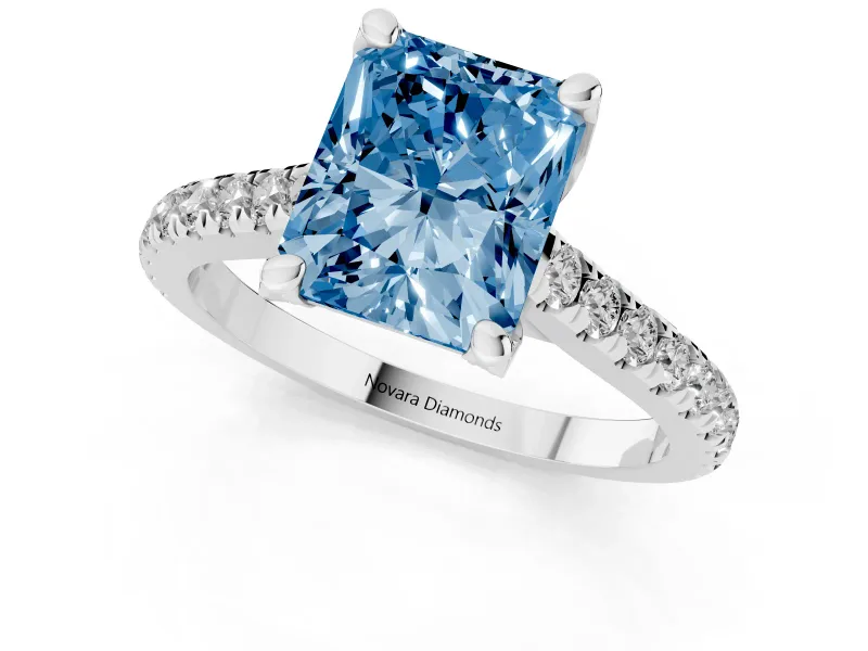 Radiant Cut Hidden Halo Pave Engagement Ring Setting for a Fancy Blue Lab-Grown Diamond | Claw Prongs | White Gold