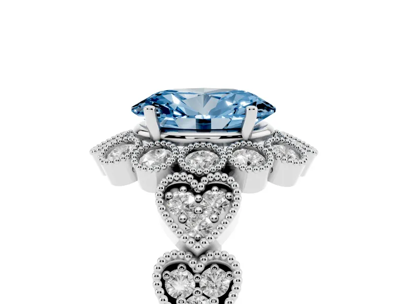 Oval Scalloped Halo Engagement Ring Setting for a Fancy Blue Lab-Grown Diamond | Heart Pavé Band | Platinum