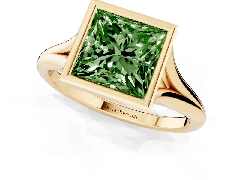 Fancy Green Bezel Set Princess Cut Diamond Solitaire Ring Set in Yellow gold with Tapered Band