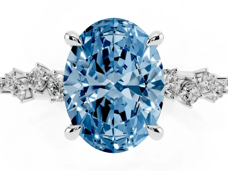 Fancy Blue Oval Cut Diamond Solitaire Vine Band Ring Set in White gold with Round Accents and Prong Setting