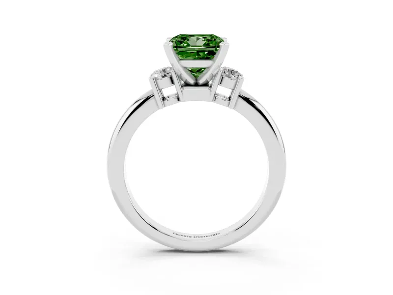 Fancy Green Three-Stone Princess Cut Diamond Ring Set in White gold with Prong Setting and Plain Band