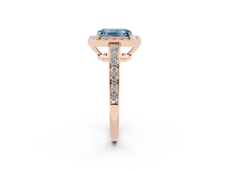 Fancy Blue Emerald Cut Diamond Halo Pavé Engagement Ring Set in Rose gold with Bezel Setting