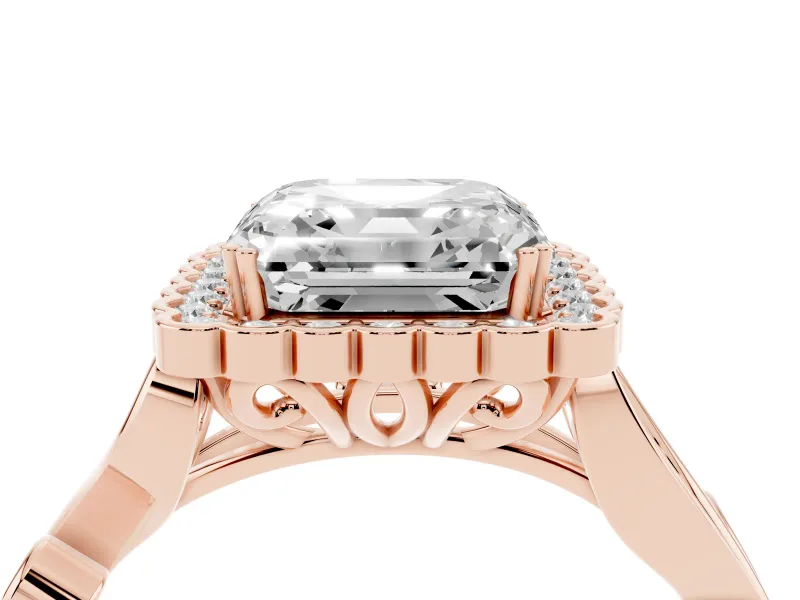 Asscher Cut Vintage Leaf Halo Engagement Ring Setting | Graduated Vine Shank | Rose Gold