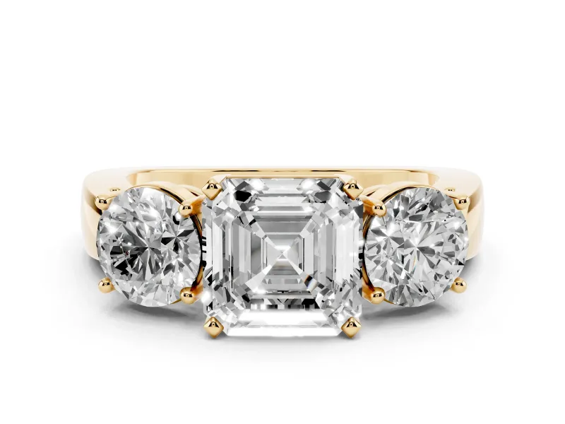 Asscher Cut Diamond Three-Stone Ring Set in Yellow gold with Round Side Stones and Classic Band