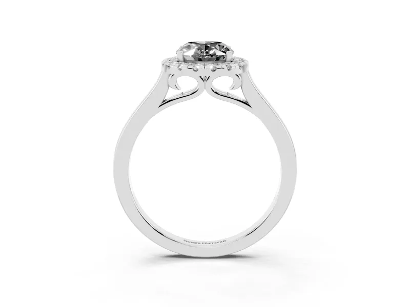 Fancy Black Oval Cut Halo Round Diamond Solitaire Ring Set in Platinum with Pavé Band and Prong Setting
