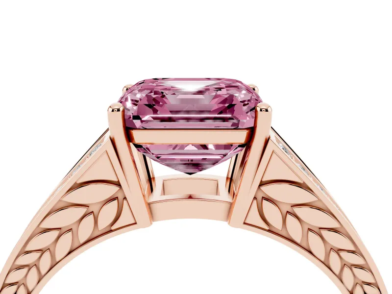 Fancy Pink Asscher Cut Diamond Split Shank Ring Set in Rose gold with Pavé Band and Prong Setting