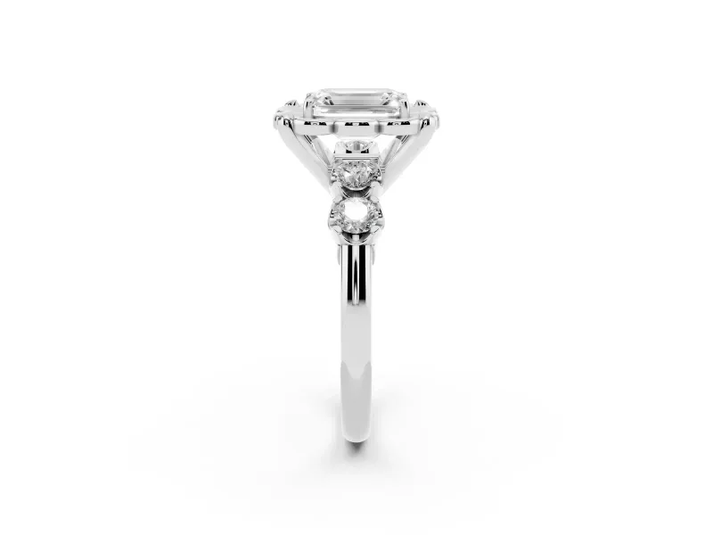 Emerald Cut Floral Engagement Ring Setting | Petal Frame and Side Stones | Platinum
