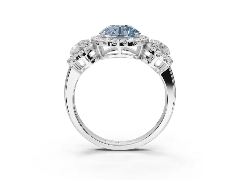 Round Three Stone Halo Engagement Ring Setting for a Fancy Blue Lab-Grown Diamond | Platinum