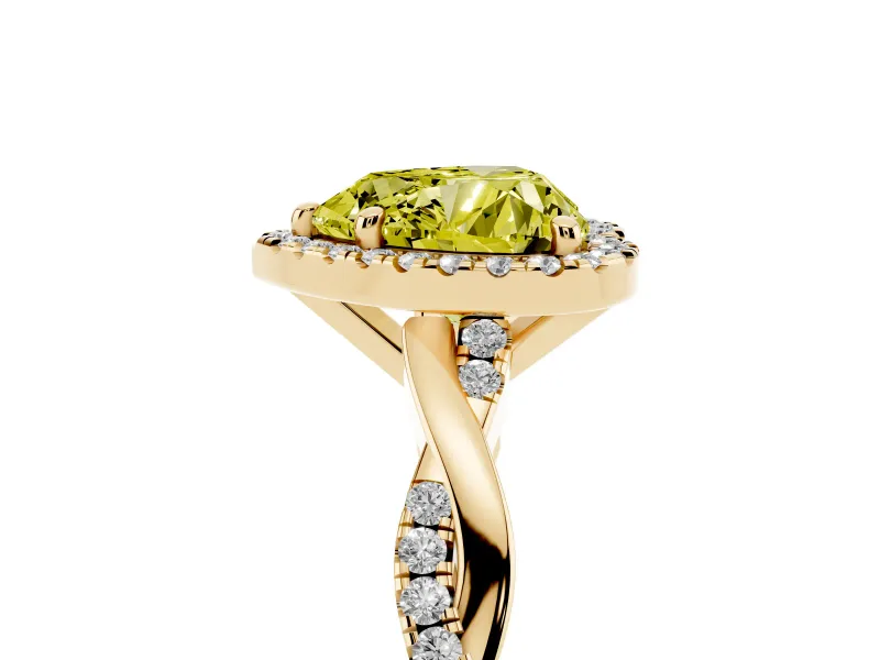 Fancy Yellow Heart Cut Diamond Halo Twisted Band Ring Set in Yellow gold with Prong Setting