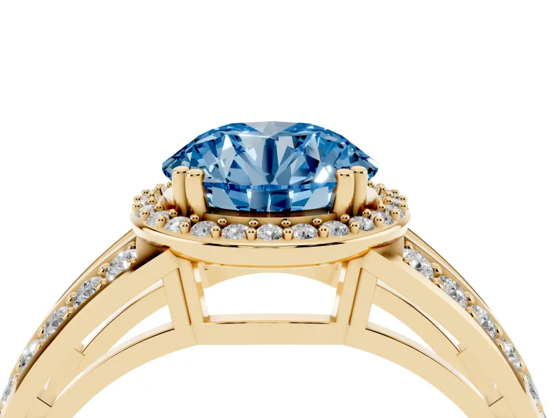 Round Halo Engagement Ring Setting for a Fancy Blue Lab-Grown Diamond | Split Shank | Yellow Gold