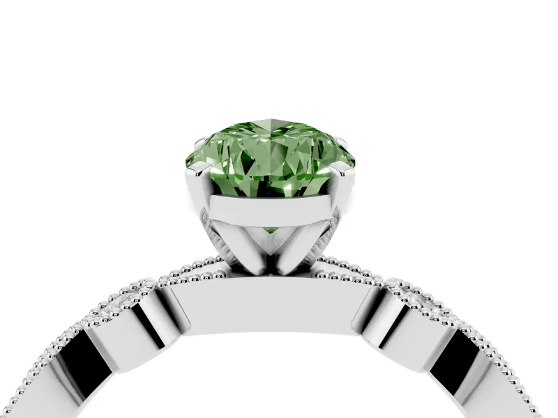 Fancy Green Pear Cut Diamond Solitaire Engagement Ring Set in White gold with Milgrain Bezel Accent Band