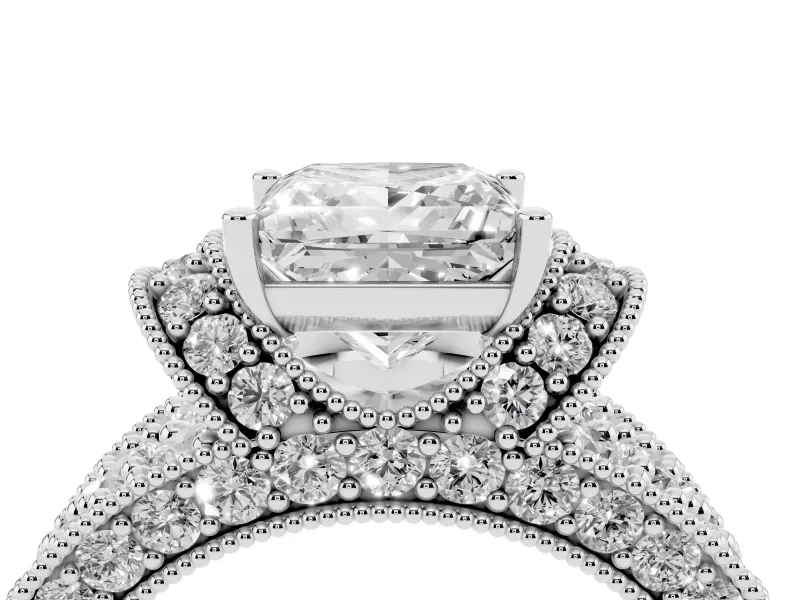 Princess Cut Vintage Milgrain Pave Engagement Ring Setting | Crescent Side Rows | Platinum