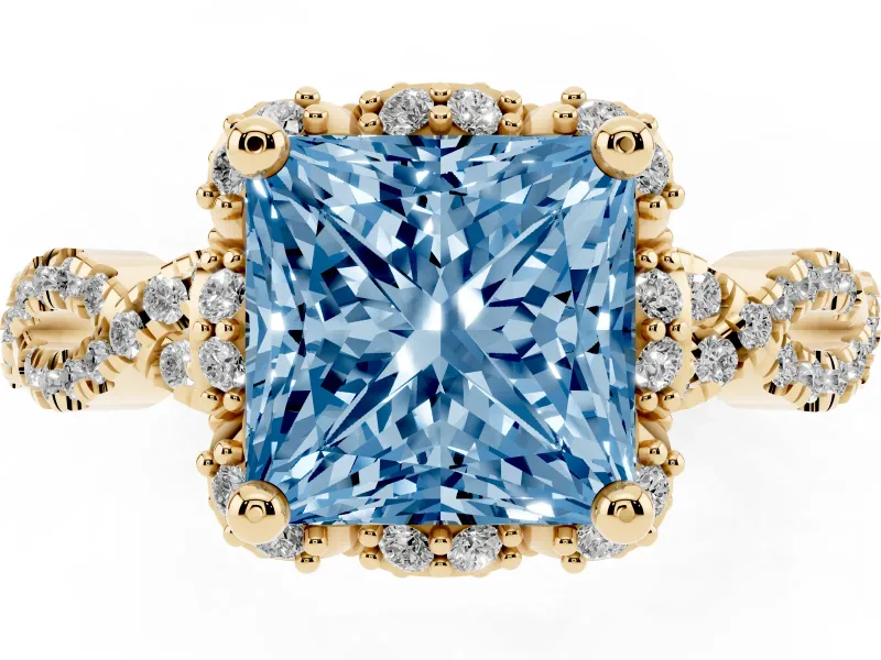 Princess Cut Halo Engagement Ring Setting for a Fancy Blue Lab-Grown Diamond | Yellow Gold - Design NV-24725