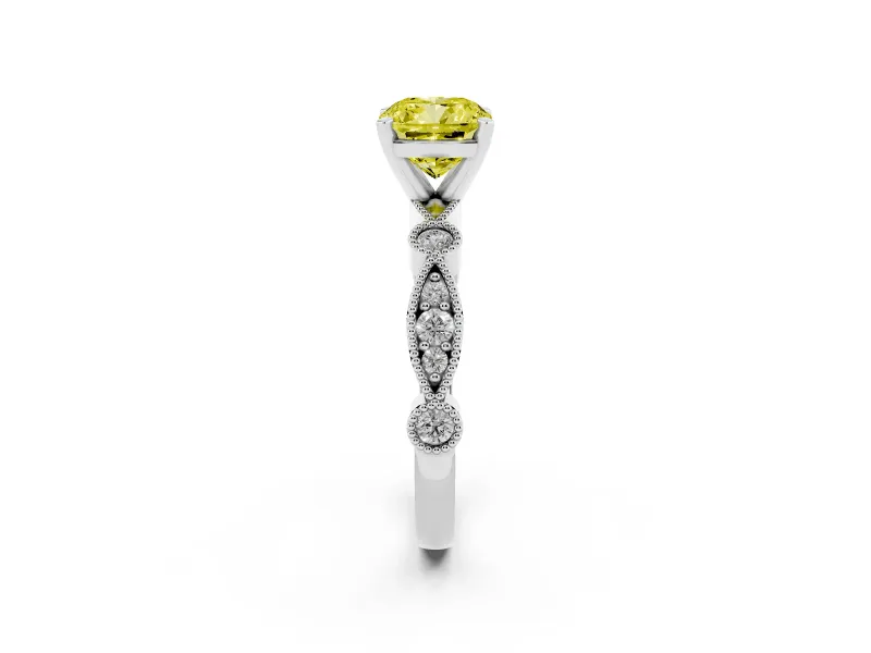 Fancy Yellow Cushion Cut Diamond Solitaire Engagement Ring Set in White gold with Milgrain Bezel Accent Band