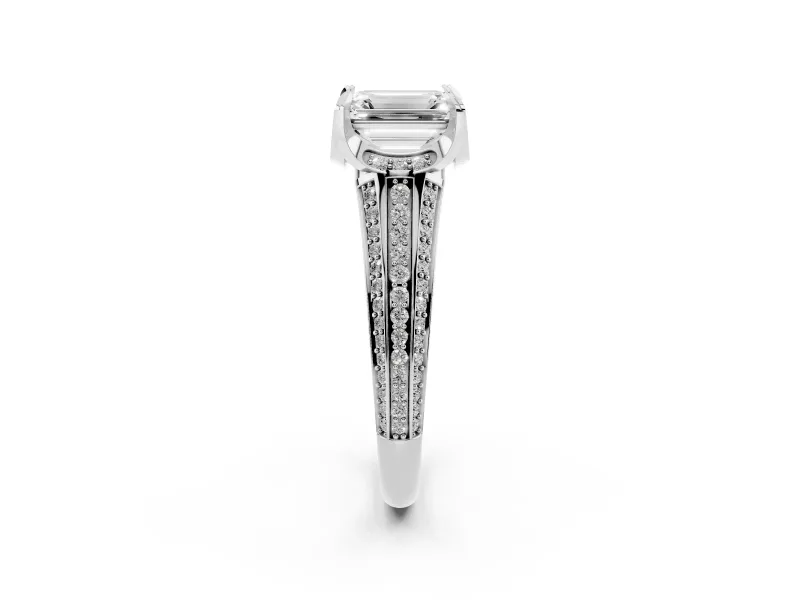 Emerald Cut Diamond Pavé Split Shank Solitaire Ring Set in Silver with Prong Setting
