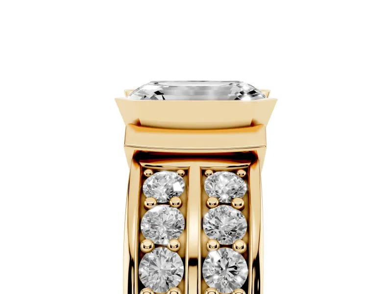 Emerald Cut Half Bezel Engagement Ring Setting | Double Row Channel Band | Yellow Gold