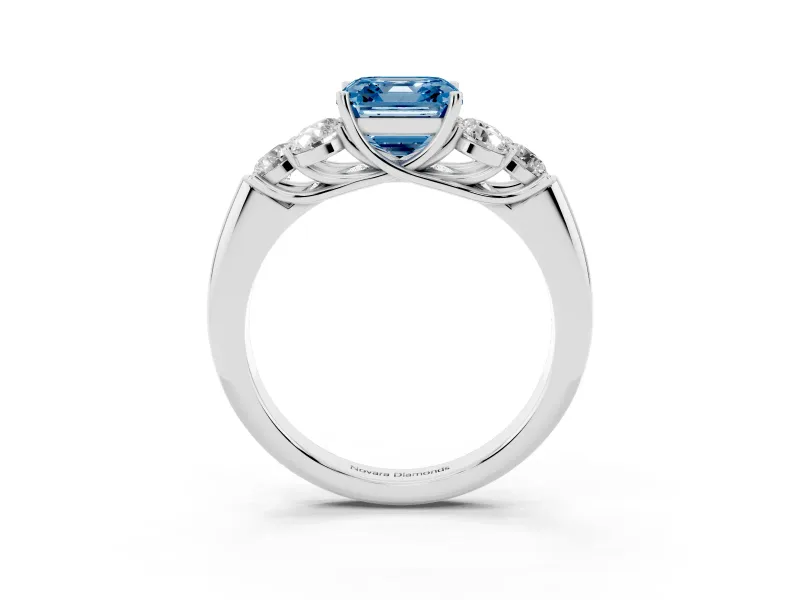 Fancy Blue Asscher Cut Diamond Cluster Ring Set in Silver with Round Accent Stones and Prong Setting on a Plain Band