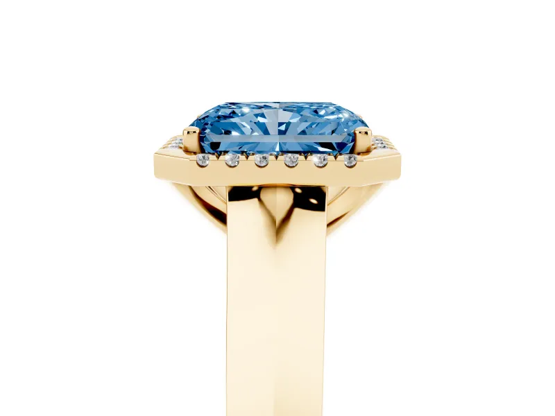 Fancy Blue Radiant Cut Diamond Halo Ring Set in Yellow gold with Cathedral Band and Prong Setting