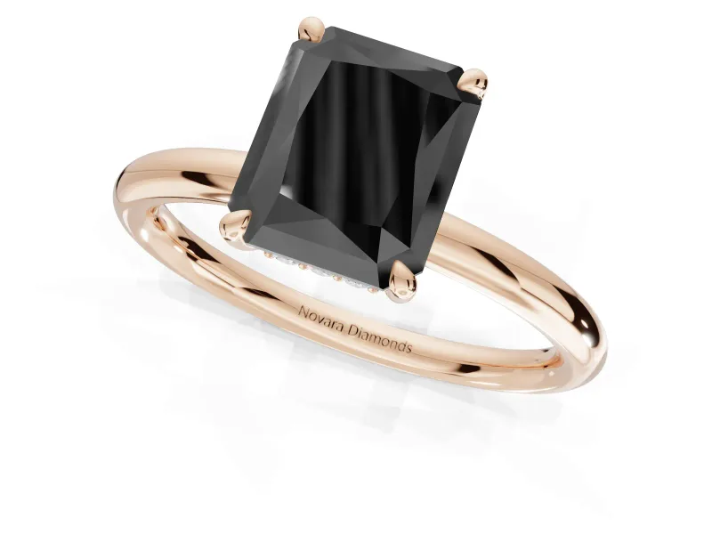 Radiant Cut Hidden Halo Engagement Ring Setting for a Black Center | Thin Plain Band | Rose Gold