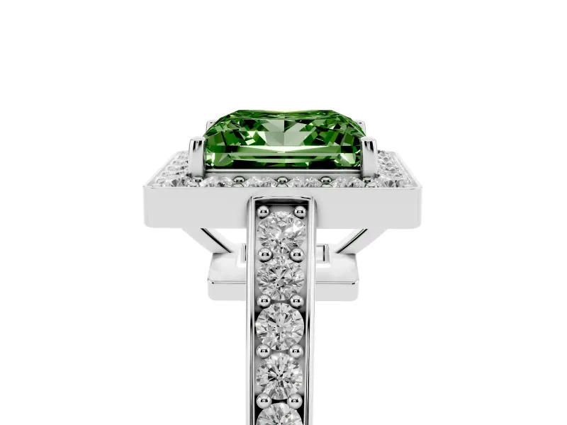 Fancy Green Princess Cut Diamond Halo Pavé Engagement Ring Set in Silver with Bezel Setting