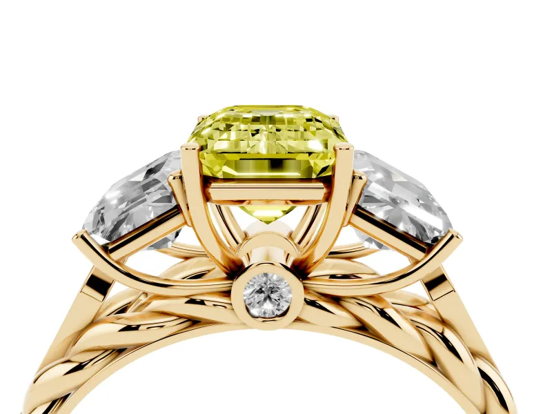 Emerald Cut Three Stone Engagement Ring Setting for a Fancy Yellow Lab-Grown Diamond | Braided Band | Yellow Gold