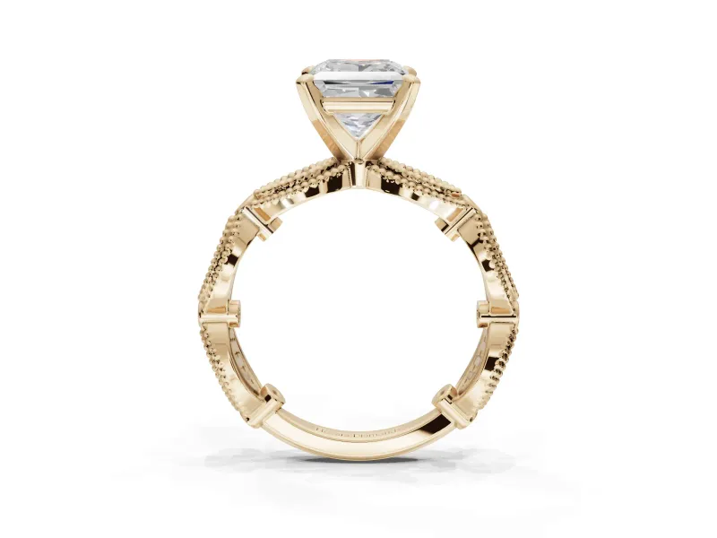 Princess Cut Vintage Milgrain Engagement Ring Setting | Graduated Stations | Yellow Gold