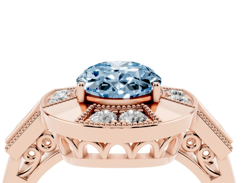 Fancy Blue Oval Cut Diamond Milgrain Halo Ring Set in Rose gold with Split Shank
