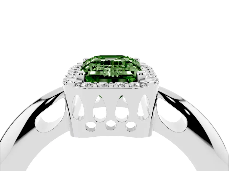 Fancy Green Emerald Cut Diamond Halo Engagement Ring Set in Silver with Plain Split Shank and Prong Setting