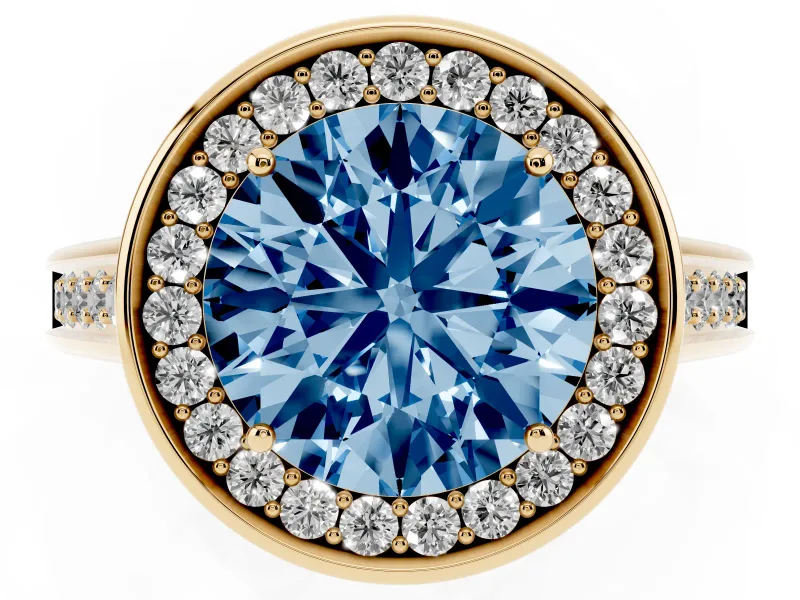 Fancy Blue Round Cut Diamond Halo Solitaire Ring Set in Yellow gold with Pavé Band and Bezel Setting