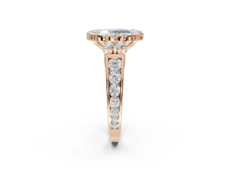 Oval Halo Engagement Ring Setting for a Fancy Blue Lab-Grown Diamond | Side Clusters | Rose Gold