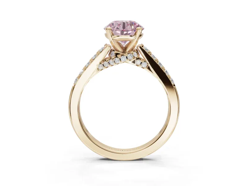 Round Pavé Solitaire Engagement Ring Setting for a Fancy Pink Lab-Grown Diamond | Crossover Gallery | Yellow Gold