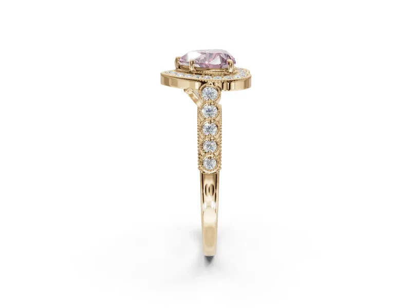 Fancy Pink Heart-Shaped Lab-Grown Diamond Milgrain Halo Solitaire Ring Set in Yellow Gold with Bezel Set Side Stones and Pavé Band