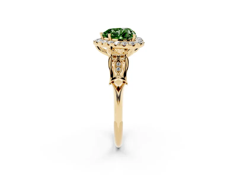 Heart-Shaped Halo Engagement Ring Setting for a Fancy Green Lab-Grown Diamond | Filigree Shoulders | Yellow Gold