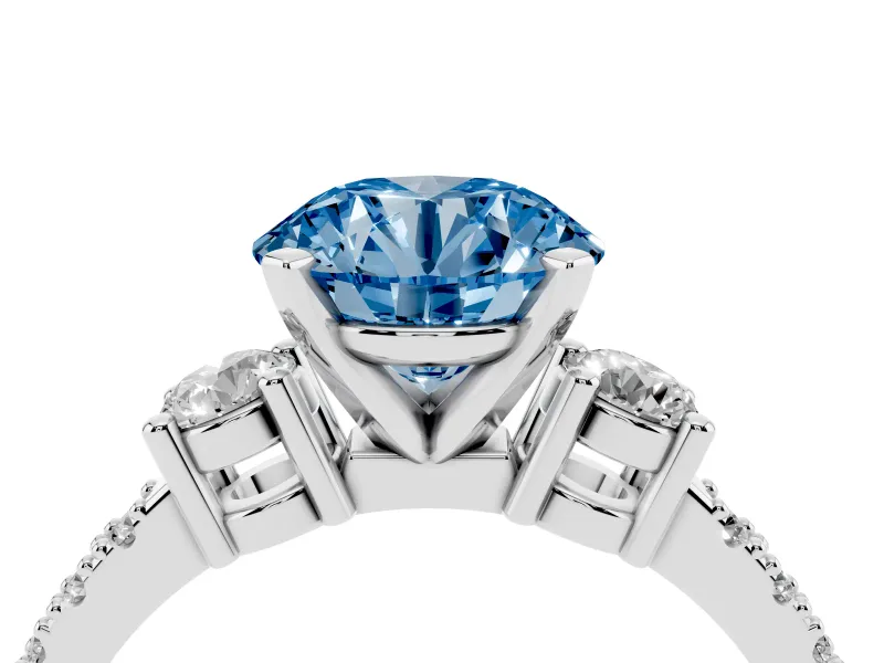 Round Three Stone Engagement Ring Setting for a Fancy Blue Lab-Grown Diamond | Pavé Band | Platinum