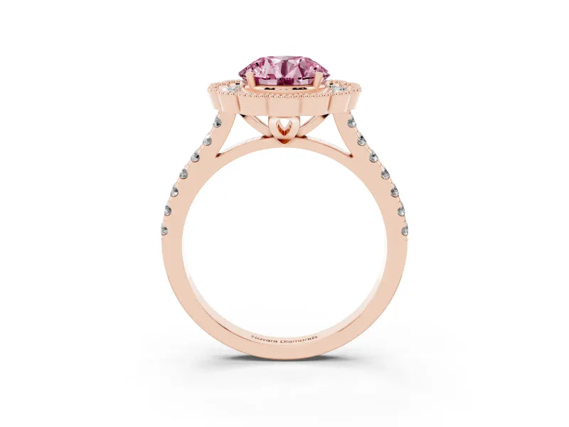Fancy Pink Round Cut Diamond Milgrain Floral Halo Engagement Ring Set in Rose gold with Pavé Band